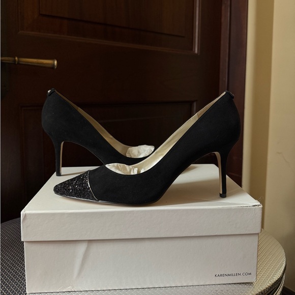 Karen Millen Black Suede Heels with Glitter Toe Cap Size 39~Size 8 NWT Brand New - Picture 1 of 7